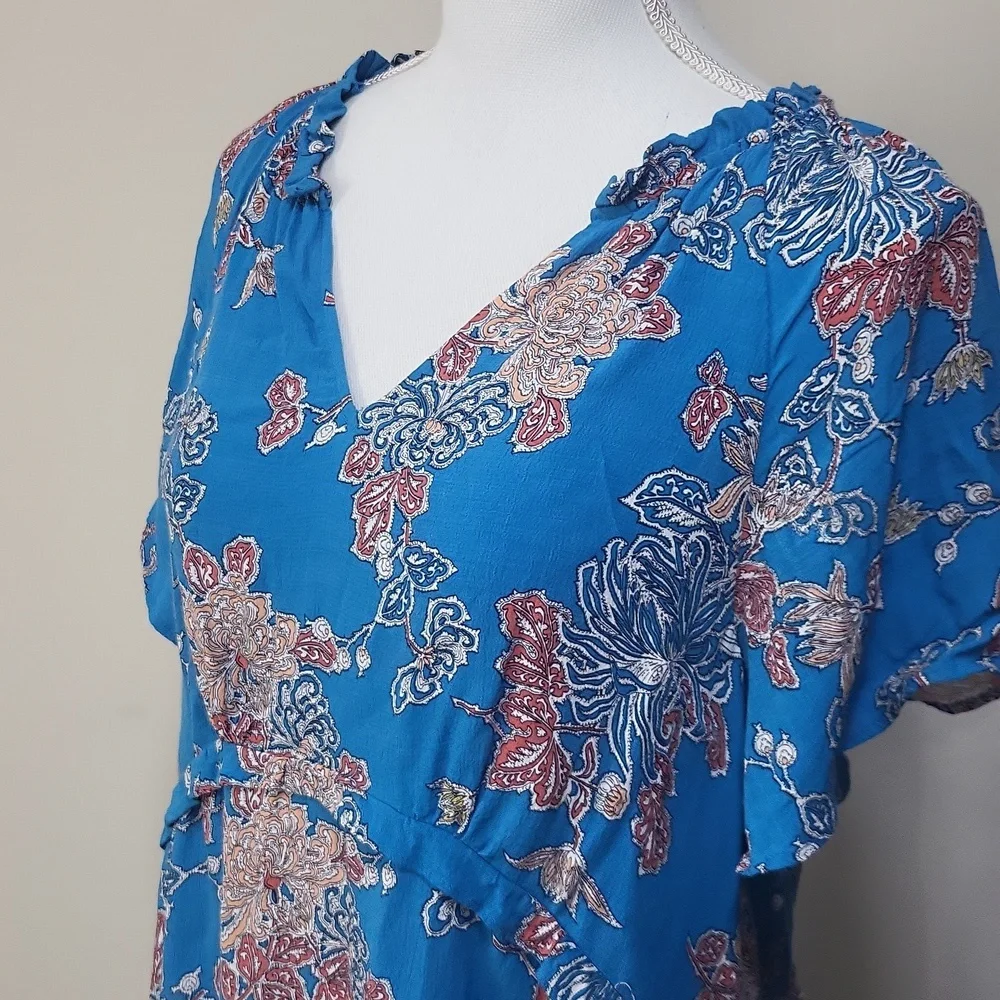 By ANTHROPOLOGIE Blue Robin Tiered Floral Mini Dress Size L - Picture 3 of 15